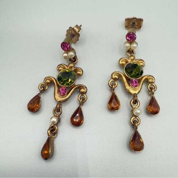 Avon Vintage Bronzy Gold and Green Floral Dangle Earrings - Picture 1 of 11